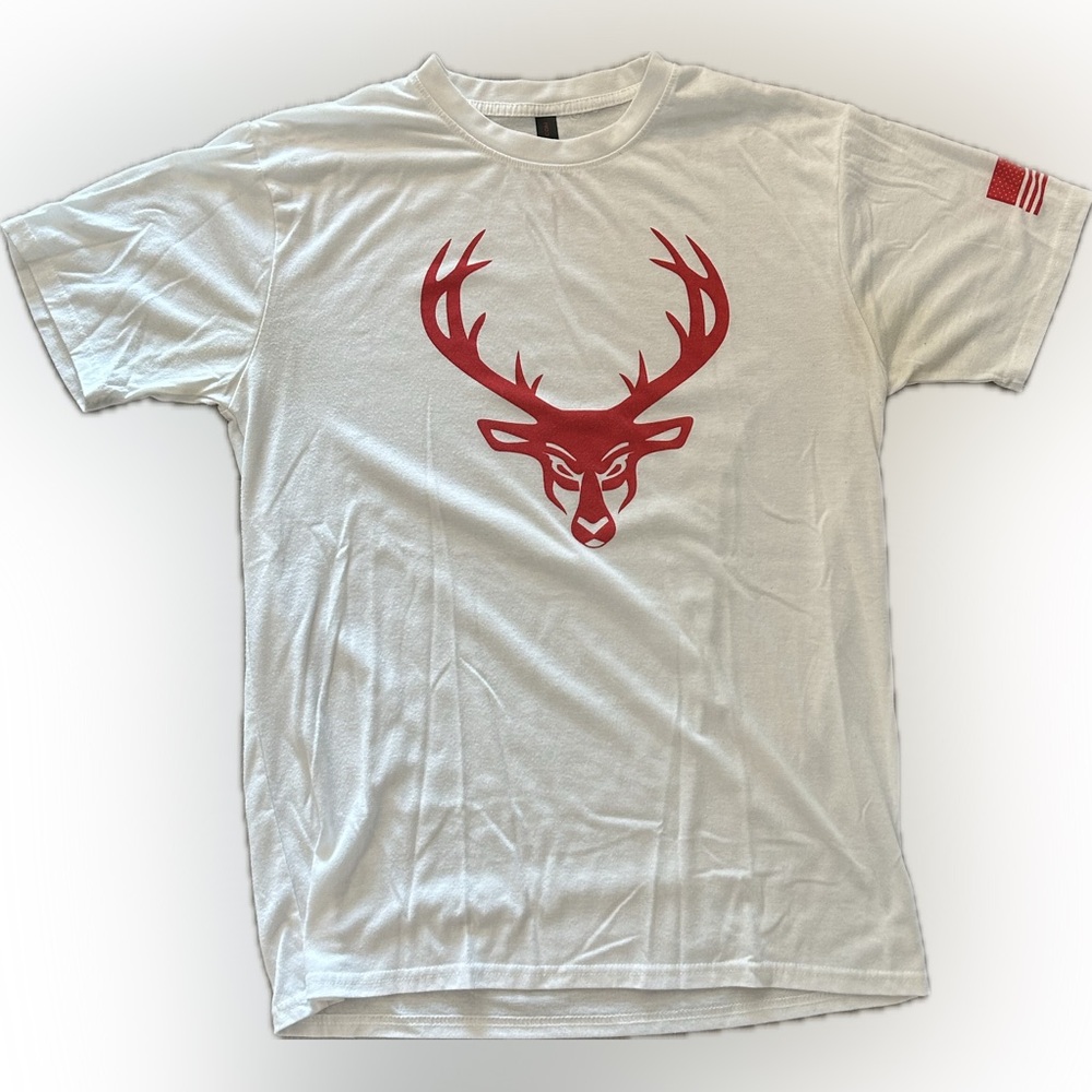 Bucked Up White Graphic T-Shirt Red Deer Logo American Flag Sleeve